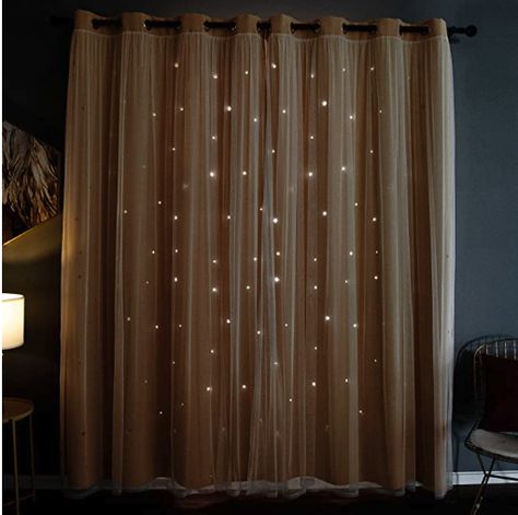 Enjoy a sound sleep in the starlight night. Crafted with laserd hollow-out technology, this elegant mix and match decorative curtain is filled with punched out stars on the whole blackout panels rather than half of the curtain panel like others Curtain Behind Headboard, Double Layer Curtains, Layer Curtains, Insulated Window Treatments, Kids Blackout Curtains, Girls Bedroom Curtains, Insulated Drapes, Small Window Curtains, Thick Curtains