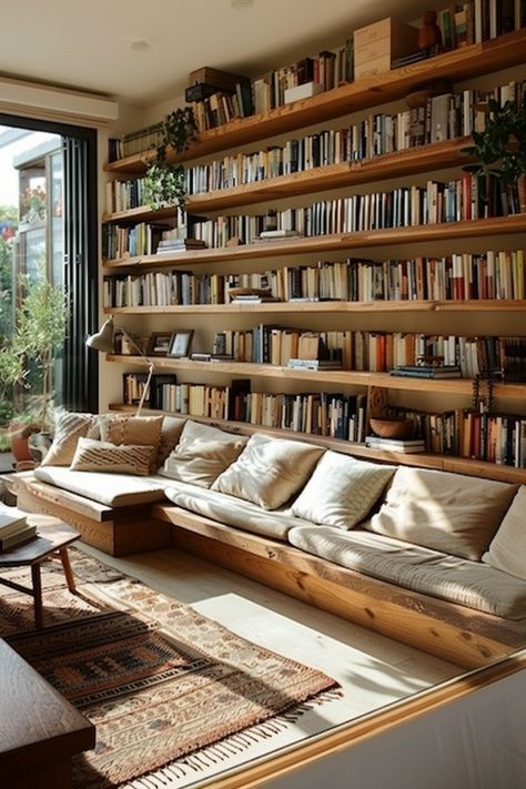 Book Shelves Ideas Living Room, Living Room Designs Library, Book Wall Living Room, Living Room Bookshelf Wall, Shelf Across Window, Library Wall In Living Room, Book Shelves In Living Room, Library Ideas For Home, Diy Library Wall