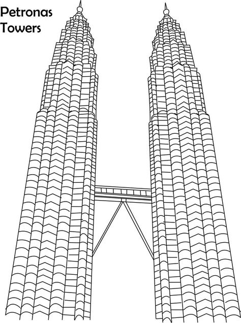 Malaysia Colouring Pages, Twin Towers Malaysia Drawing, Klcc Drawing, Twin Towers Drawing, Monument Mandala, Poster Merdeka, Country Craft Ideas, Petronas Twin Towers, Cityscape Drawing