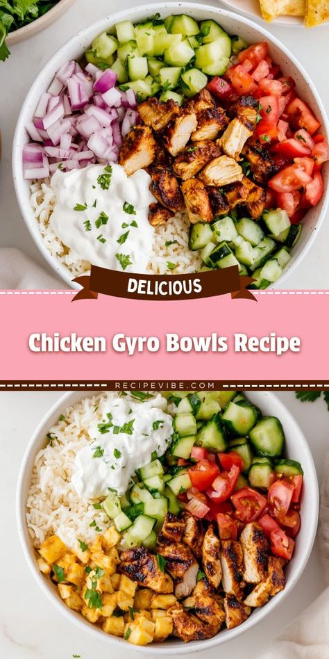 Seeking a delicious and easy Mediterranean dinner? Our Chicken Gyro Bowls Recipe combines juicy chicken, fresh veggies, and tangy sauce for a meal that's both satisfying and healthy. Ideal for any occasion, be sure to save this recipe for your next culinary adventure! Keto Chicken Gyro Bowl, Chicken For Bowls, Chicken Lunch Bowls Healthy, Gyro Casserole Recipe, Gyro In A Bowl, Mediterranean Bowl Recipe Chicken, Gyro Bowls Chicken, Meal Prep Ideas Mediterranean, Mediterranean Chicken Rice Bowl