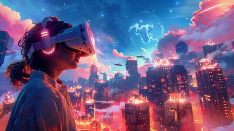 Virtual Reality Exploration: A person immersed in a vibrant virtual reality cityscape, experiencing a futuristic digital world. #virtual #reality #headset #cityscape #digital #aiart #aiphoto #stockcake ⬇️ Download and 📝 Prompt 👉 https://ayr.app/l/96vP Virtual Reality Aesthetic, Vr World, Virtual Reality Design, World Gif, Virtual Reality Technology, Virtual Reality Glasses, Websites Design, Billboard Design, Virtual Reality Headset