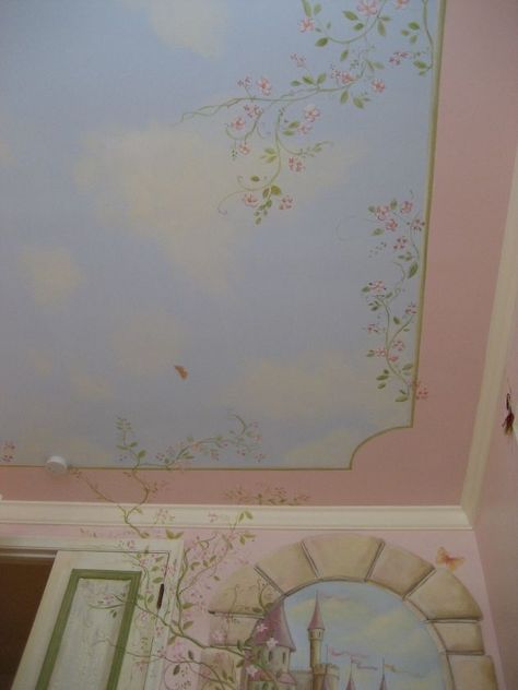 Princess Aesthetic Nursery, Princess Room Wallpaper, Mural In Living Room, Princess Mural Bedroom, Murals In Homes, Fairytale Wall Mural, Nursery Room Paintings, Painted Ceiling Ideas Murals, Cute Wall Murals Room Ideas