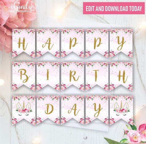 "Banner, Happy Birthday, Unicorn Birthday Party The perfect Unicorn Birthday Party Theme for your little girl's magical party.   This is not an editable file.  ✽ YOU WILL RECEIVE THE FOLLOWING     ⁎ 6,5\" x 8,5\" flat flag - one per US Letter size paper     ⁎ An Instruction Sheet to download.     ⁎ 4 DOWNLOADS - The Template will expire after 4 downloads.     ⁎ This is a digital product and no physical items will be sent to you. ✽ WHAT CAN YOU EDIT     ⁎ Change the font and font color.     ⁎ Or upload a photo should you want to.     ⁎ The graphics cannot be edited at all and         some of the special hand-drawn font/text cannot be changed. ✽ HOW IT WORKS:     ⁎ Buy your template.     ⁎ Make sure your Etsy EMAIL address is current and up to date.     ⁎ You will receive an email from Corjl Unicorn Birthday Party Theme, Unicorn Birthday Banner, Happy Birthday Unicorn, Luau Party Food, Happy Birthday Font, Mimi Birthday, Unicorn Banner, Printable Birthday Banner, Magical Party