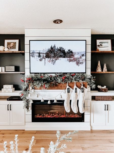 Asymmetrical Garland, Fireplace Accent Walls, Target Decor, Den Ideas, White Shiplap Wall, Shiplap Fireplace, White Fireplace, Simple Christmas Decor, Diy Fireplace