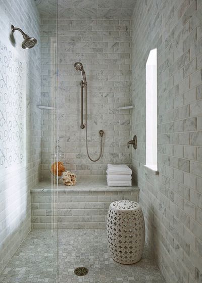 Traditional Bathroom by Martha O'Hara Interiors Restroom Ideas, Small Bathroom With Shower, Marble Showers, Bad Inspiration, Shower Bench, Bathroom Shower Tile, Marble Bathroom, Shower Remodel, Shower Stall