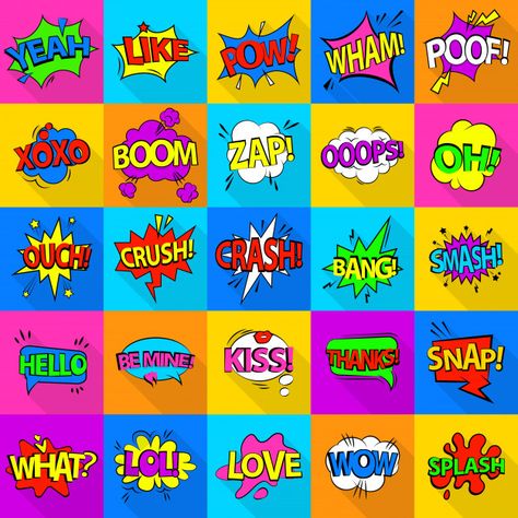 Comic colored sound icons set. flat illustration of 25 comic colored sound icons for web | Premium Vector #Freepik #vector #banner #frame #vintage #label Images Pop Art, Banner Frame, Speech Bubbles, Vector Banner, Pop Art Comic, Seni Origami, Pop Art Wallpaper, Arte Pop, Flat Illustration