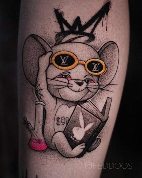 ဖန်စီ Tattoo, Tom Y Jerry Tattoo, Cartoon Tattoos Women, Jerry From Tom And Jerry, Tom Tattoo, Tom And Jerry Tattoo, Mr Cartoon Tattoo, Amber Tattoo, Dark Disney Tattoo