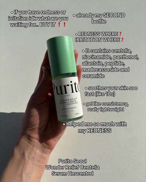 YESSTYLE: ALEX10 + XXFXXLOVE123 (15%) Mentioned: @purito_official: Purito Seoul Wonder Releaf Centella Serum Unscented I absolutely love this serum. Must have for sensitive skin and irritation!!! • This serum gives skin soothing and delivers quick relief from irritation and redness after just one application. • Instantly calms the skin by delivering immediate comfort and soothing effects. • Softens the skin and refines texture for an even-toned complexion. • Enhances skin health by shieldi... Korean Serums For Acne, Serum For Textured Skin, Purito Centella Unscented Serum, Purito Skincare, Centella Serum, Korean Serum, Korean Skin Care Secrets, Skin Face Mask, Combination Skin Type