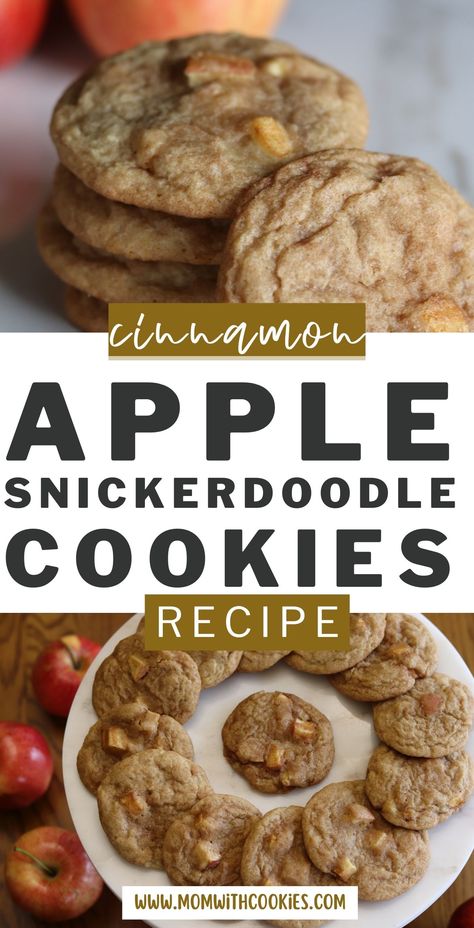 homemade cookies with apples nearby and text overlay that reads cinnamon apple snickerdoodle cookies recipe Apple Cinnamon Snickerdoodles, Cinnamon Apple Snickerdoodle Cookies, Applesauce Snickerdoodle Cookies, Fall Snickerdoodle Cookies, Apple Cinnamon Snickerdoodle Cookies, Snickerdoodle Apple Pie Cookies, Apple Cinnamon Cookies Soft, Apple Snickerdoodle Cookies, Cinnamon Apple Cookies