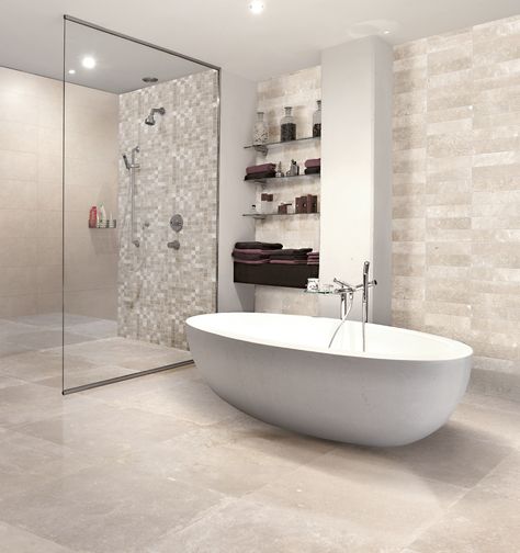 Haven’t got time to go through numerous patterns and colours and choose what matches what? Well, you could simply just choose the same range of tiles! Current Interior Design Trends, Elegant Tiles, Beige Tile, Bathtub Design, Custom Blinds, Tile Trends, Bathroom Shower Tile, Shower Stall, Wet Rooms