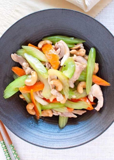 Top-down view of Chicken Stir Fry with Celery, Carrot and Cashew Celery Stir Fry, Recipe Carrots, Carrot And Celery Recipes, Chinese Chicken Stir Fry, Celery Recipe, Dinner Asian, Chicken Celery, Tuesday Dinner, Tin Eats