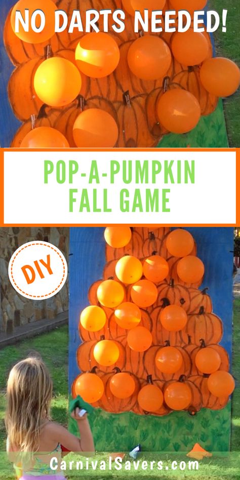 Fall Festival Game Idea - Pop-a-Pumpkin! Grab the FREE Pattern Download too! Fun Diy Carnival Games, Carnival Fall Games, Pumpkin Balloon Pop Game, Fall Festival Birthday Party Games, Fall Fair Ideas Carnival Games, School Harvest Festival Games, Pumpkin Toss Game Ideas, Fall Block Party Games, Pop The Pumpkin Game