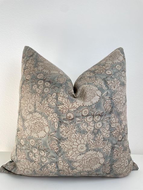 PRICES MAY VARY. 100% Linen Our pillow covers are a testament to the art of hand block printing. They are meticulously handcrafted from 100% natural organic linen fabric on front and feature 100% organic cotton duck-canvas fabric on the reverse. These pillows feature delicate floral motifs that will add warmth and texture to any setting. They are thoughtfully designed with an invisible zipper for a seamless finish. Inserts not included. We recommend going up 2" bigger than the pillow cover for a Pillows For Khaki Couch, Magnolia Throw Pillows, Blue Gray Throw Pillows, Throw Pillows Bedroom Ideas, Dark Academia Throw Pillows, Living Room Throw Pillow Ideas, Coastal Cowboy Living Room, King Bed Throw Pillows, Bedroom With Gray Bedding