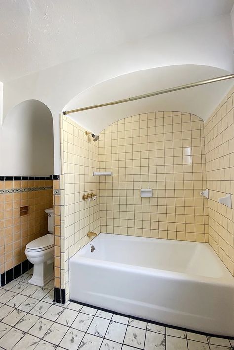 This Bathroom Reno Will Make You Want a Shower (and Toilet!) Arch 1920 Bathroom 1920s Style, 1920s Bathroom, Slab Cabinets, Corner Toilet, Tudor Style Homes, Small Tiles, Shower Surround, Style Bathroom, Wood Vanity