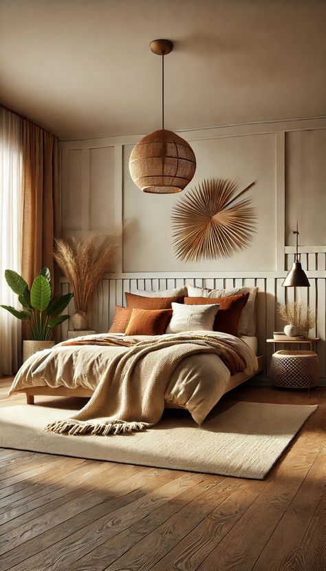 Transform your sanctuary with this cozy home bedroom refresh! Soft neutral tones, natural textures, and stylish decor pieces create a serene atmosphere. Perfect inspiration for a calming retreat. #BedroomDesign #HomeRefresh #InteriorDecor 🌿🛏️💫 Bohemian Bedroom Decor Small Room, Luxe Boho Bedroom, Rattan Bedroom Aesthetic, Neutral Bedroom Colours, Tulum Condo, Warm Toned Bedroom, Italian Bedroom Aesthetic, Neutral Bedding Ideas, Cozy Home Bedroom