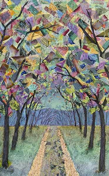 Twilight Mixed Media Landscape Painting, Collage Art Design Ideas, Tree Collage Art, Dreaming Artwork, Collage Painting Canvas, Mix Media Collage, Fabric Collage Art, Multi Media Art, Painting Idea For Beginners