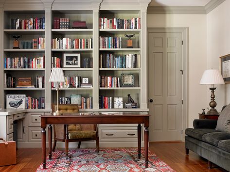 Bookcase Under Window, Redecorate Living Room, Light Walls, Southern Family, Traditional Home Office, Craft Spaces, Gray Trim, Country Cottage Style, House Hunters