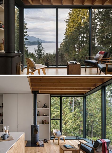 This modern cabin has lightly painted panels and soft pine plywood to help warm and brighten the interior, while the floor-to-ceiling windows provide sweeping views of the trees and water. #ModernCabin #Windows #FullHeightWindows Plywood Floors, Modern Cabin Design, Floors Ideas, Painted Plywood, Bed 3d, Cabin Modern, Ceiling Decorations, Log Home Plans, Wood Ceiling