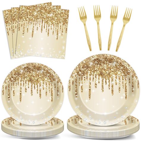 PRICES MAY VARY. Package includes:Gold white tableware set includes 24 9-inch plates, 24 7-inch plates, 24 forks, 24 double-layered napkins. This set serves a perfect meal for 24 people. Perfect size: The size of the plates are 22.86CM ×22.86CM(9”), small plates are 17.78CM × 17.78CM(7”), double layer napkins size are 33CM × 33CM(11”), suitable for party supplies. Quality materials:Gold glitter themed plates are made of paper, non-toxic and safer, perfect for gold glitter birthday party or vario Golden Birthday Party Ideas For Adults, Gold Food Ideas, White And Gold Themed Party, White And Gold Theme Party, White Gold Dessert Table, Gold And White Party Theme, White And Gold Birthday Theme, White And Gold Party Theme, Glitter Themed Party