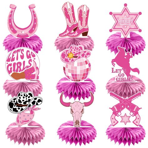 PRICES MAY VARY. This package include 9PCS different disco cowgirl party decorations western centerpieces for tables. If you are planning a bachelorette party or cowgirl themed party, this set will be suitable. Our cowgirl bachelorette party decorations honeycomb centerpieces is designed for birthday, bachelorette, 2000s throwback or other themed parties. Decorating the party indoors or outdoors for photos can make the party a great memory. This pink cowgirl party decorations centerpieces decora Cowgirl Party Ideas Decorations, Cowgirl Birthday Centerpieces, Cow Girl Birthday Party Theme Teen, Let’s Go Girls Birthday Theme, Rhinestone Cowgirl Birthday Party, Rhinestone Cowgirl Birthday, Disco Cowgirl 1st Birthday Party, Cowgirl Birthday Ideas, Cowgirl Kids Party