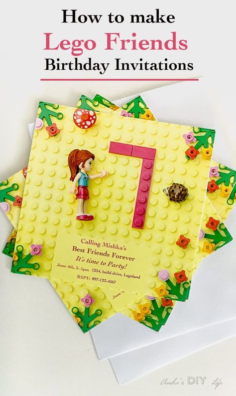 How to make Frugal Lego Friends Party Invitation - step by step tutorial Friends Party Invitation, Friends Pool Party, Lego Birthday Invitation, Lego Friends Birthday Party, Friends Invitation, Lego Friends Birthday, Lego Friends Party, Kids Art Party, Lego Themed Party