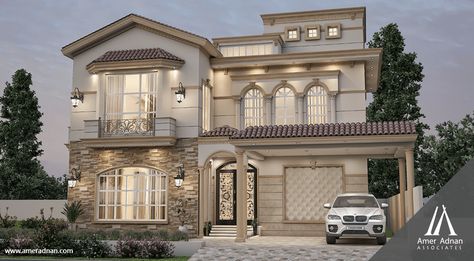 Spanish Front Elevation, Spanish Elevation, Neoclassical House Design, Modern House Front Elevation, Neoclassical House, House Outer Design, Affordable House Plans, House Roof Design, Small House Front Design