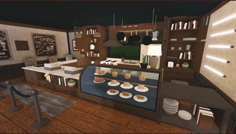 Bloxburg Hotel Kitchen Ideas, Bloxburg House Ideas Restaurant, Roblox Bloxburg Small Cafe Ideas, Bloxburg Bakery Interior Ideas, Blox Burg Restaurant, Cafe Kitchen Design Bloxburg, Bloxburg Restaurant Kitchen Ideas, Gym Build Bloxburg, Cafe Bloxburg Ideas Inside