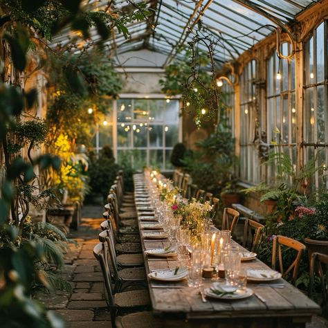 Wedding In Botanical Garden, Wedding Green House, Wedding Reception Greenhouse, Green House Wedding Receptions, Orangery Wedding Uk, Greenhouse Wedding Ideas, Greenhouse Wedding Theme, Industrial Garden Wedding, Greenhouse Dinner Party