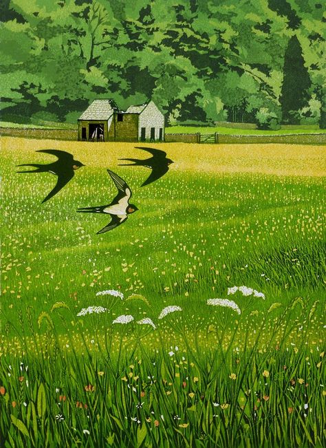 Mike Smith, Wild Flower Meadow, Flower Meadow, Yorkshire Dales, Swallows, Landscape Illustration, Wild Flower, Bird Art, 그림 그리기