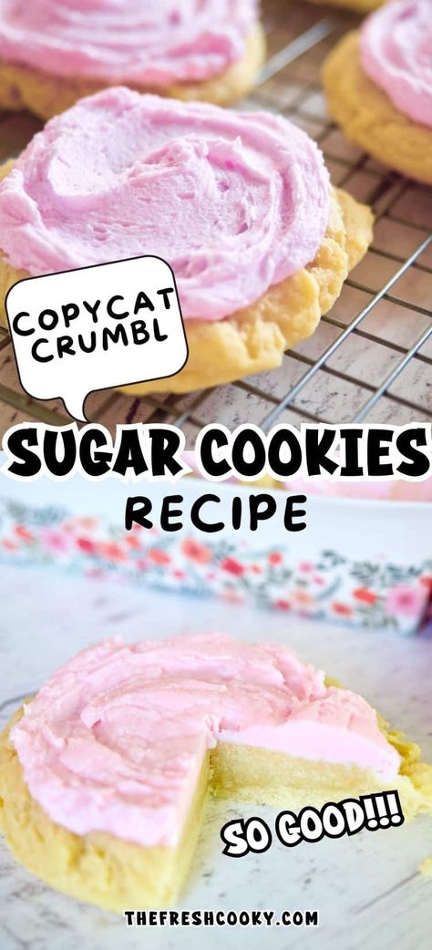 Make these EASY COPYCAT CRUMBL CHILLED SUGAR COOKIES today! In about 30 minutes you will have soft, thick, buttery, chewy sugar cookies topped with an amazing light, fluffy pink almond buttercream frosting. Tips, variations and more on the blog. Recipe via @thefreshcooky Pink Sugar Cookie Recipe, Chewy Sugar Cookie Recipe, Christmas Bakes, Cookie Recipe Video, Keto Cookie Recipes, Cookie Table, Chewy Sugar Cookies, Sugar Cookie Frosting, Best Sugar Cookies