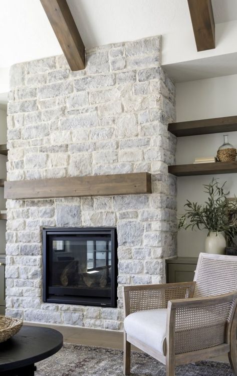 Shelves Around Fireplace, Grey Stone Fireplace, White Stone Fireplaces, Stone Veneer Fireplace, Mantel Styling, Stone Fireplace Wall, Stacked Stone Fireplaces, Fireplace Stone, Scandi Interiors