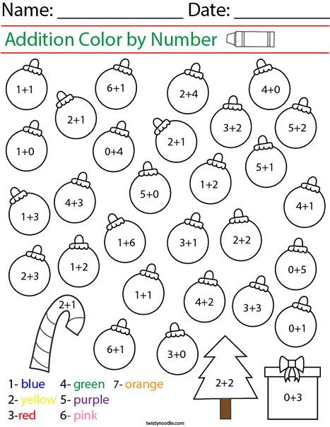 Addition- Color by Number Ornaments Math Worksheet - Twisty Noodle Color By Addition Worksheets, Christmas Addition Kindergarten, Christmas Addition Worksheets, Christmas Math Kindergarten, Christmas Math Worksheets Kindergarten, Color By Addition, Addition Color By Number, Free Printable Christmas Worksheets, Addition Coloring Worksheet