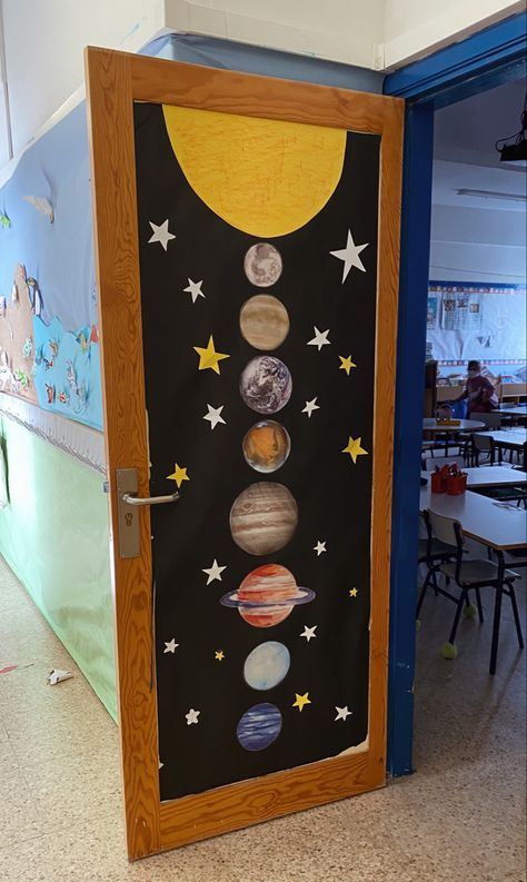 Planet Classroom Decorations, Solar System Door Decorations Classroom, Solar System Decorations Classroom, Planets Classroom Decor, Earth And Space Science Classroom Decor, Planet Decorations Space Theme, Planet Classroom Theme, Space Classroom Theme Decor Ideas, Space Door Decorations Classroom