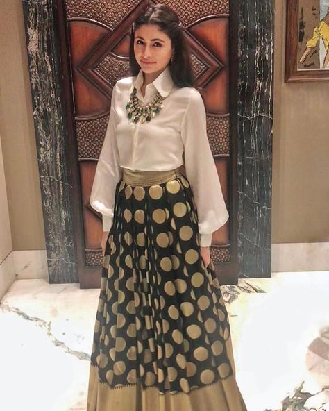 Our stunning Creative Director @devanginishar is acing the festive fusion look in a traditional banarasi brocade skirt & satin shirt set by… Long Skirt And Blouse Indian, Golden Shirt With Skirt, Long Skirt With Shirt Indian, Brocade Skirt With Shirt, White Shirt And Long Skirt Outfit, Long Skirt With Shirt Party Wear, Golden Skirt Outfit Indian, Shirt With Lehenga Skirt, Indian Skirt And Blouse