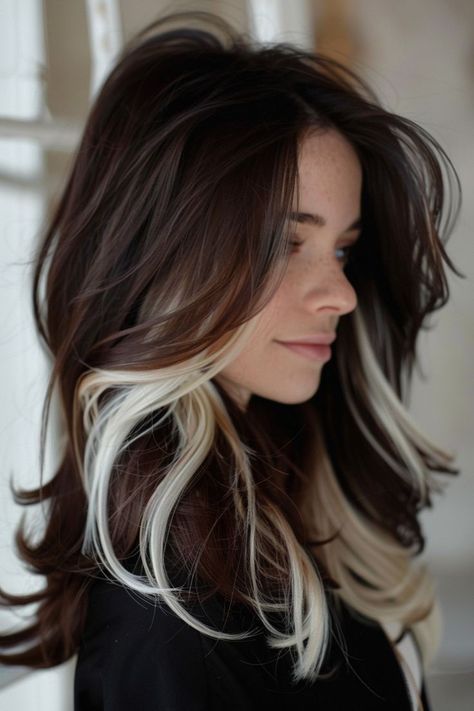 Dark Chocolate Brown Hair With Blonde Peekaboos, White Strands In Brown Hair, Country Hair Color Ideas, Two Tone Hair Brown, High Light Hair Color Ideas, Brown Hair With White Tips, White Strands Hair, Contrast Hair Color, White And Brown Hair