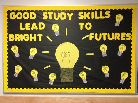 Study skills bulletin board...different study skills are written onto the small light bulbs! :) Study Skills Bulletin Board, Popcorn Bulletin Board, Classroom Bulletin Board Ideas, Resident Assistant Bulletin Boards, Middle School Bulletin Boards, Kindness Bulletin Board, College Bulletin Boards, Interactive Bulletin Boards, Summer Bulletin Boards