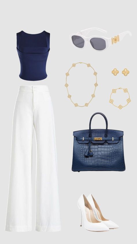 Navy Blue And White Aesthetic, White Classy Outfit, Blue And White Aesthetic, Dinner Vacation, Blue And White Outfits, Soft Feminine Outfits, Trendy Outfit Inspo, Fancy Outfit, Feminine Outfits