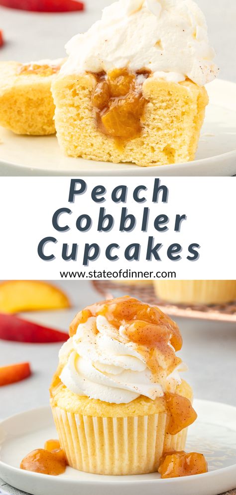 Two images of the cupcakes, the one on bottom is the whole cupcake with peach cobbler filling dripped over the top, and the top cupcake is cut in half showing the filling on the inside. Strawberry Pretzel Cupcakes, Peach Cobbler Cupcakes Yellow Cake Mixes, Fresh Peach Cupcakes, Pecan Pie Filling For Cupcakes, Peach Cream Cheese Cupcakes, Peach Cupcakes With Peach Buttercream, Peach Cobbler Cupcake Recipe, Peach Filled Cupcakes, Interesting Cupcake Recipes