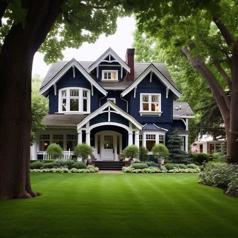 Massachusetts House Exterior, American Traditional House Exterior, Middle Class Suburban House, Two Houses Next To Each Other, Medium Size Homes, Outside Look Of House, Craftmans Style House Exterior Paint, Exterior House Colors Colonial, Navy Blue House Exterior With Cedar