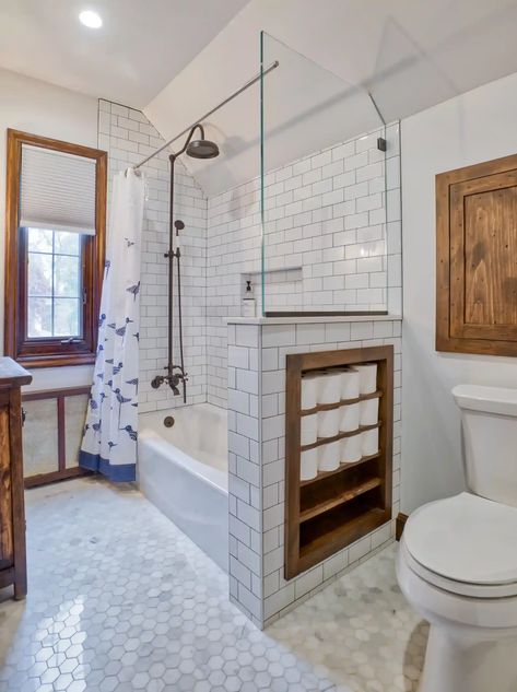 white-on-white-bathroom-with-wood-storage Tudor Bathroom, Restroom Remodel, Tudor Home, Bathroom Redesign, Bathroom Remodel Designs, Bathroom Remodel Shower, Upstairs Bathrooms, Bathroom Redo, Tiny Bathroom