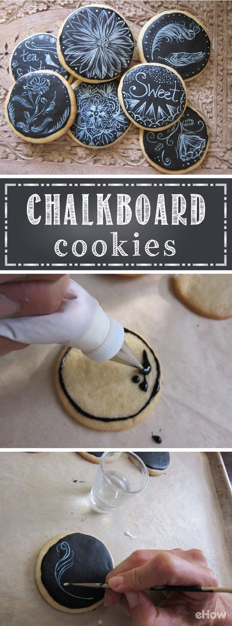 Make plain sugar cookies into a tasty work of art with this easy recipe and design technique! Completely edible and safe, the kids can enjoy decorating their own or the full batch of "chalkboard" cookies! http://www.ehow.com/how_12340627_make-chalkboard-cookies.html?utm_source=pinterest.com&utm_medium=referral&utm_content=freestyle&utm_campaign=fanpage Cookies Macadamia, Chalkboard Cookies, Plain Sugar Cookies, Cookies Cupcake, Yummy Sugar Cookies, Torte Cupcake, Dessert Aux Fruits, Cookie Tutorials, Oreo Dessert