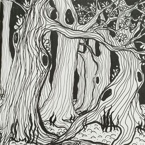 An old forest, ink drawing by me. @kuvittelen Ink Digital Art, Ink Line Art Illustrations, Ink Illustrations Forest, Forest Pathway Drawing, Creepy Landscape Drawing, Trippy Forest Drawing, Aesthetic Forest Drawing, Whimsical Tree Drawing, Black And White Forest Drawing