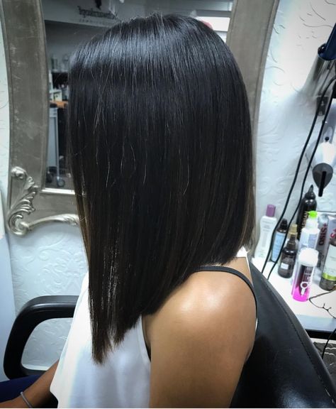 Tri One Length Haircut, Shoulder A Line Haircut, Reverse Long Bob Haircut, Angled Bob Dark Hair, Funky Lob Haircut, Long Bob Haircut Round Face, 2023 Straight Hair Trends For Women, Med Length Straight Hairstyles, Long Assymetrical Bob Hairstyles