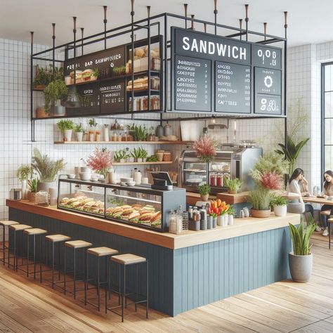 Food Counter Design Restaurant, Sandwich Bar Design, Sandwich Cafe Interior, Sandwich Shop Design Interior, Sandwich Shop Interior, Small Cafe Interior Design Ideas, Sandwich Shop Design, Coffee Shop Interior Design Ideas, Pastry Shop Interior