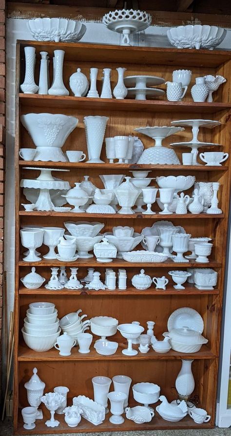 Milk Glass Addicts | This is most of my milk glass collection | Facebook Decorating With Milk Glass Ideas, Milk Glass Display, Milk Glass Centerpiece, Milk Glass Wedding, Dishes Ideas, Milk Glass Decor, House Victorian, Milk Glass Collection, Beautiful Color Combinations