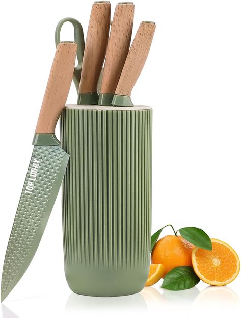 Chef Knife Set with Block, 6-Piece Kitchen Knives Set with Sharp Blades, Professional Knife Set with Ergonomic Handle, Non-stick Stainless Steel Knife Block Set (Green) Stainless Steel Knife Set, Kitchen Knife Set, Chef Knife Set, Kitchen Cutlery, Knife Block Set, Specialty Knives, Cutlery Sets, Japanese Knife, Knife Set Kitchen