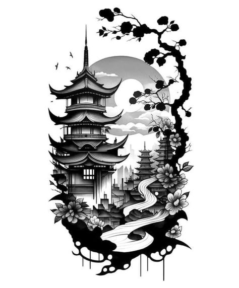 Dragon And Temple Tattoo, Japanese Temple Tattoo Stencil, Geisha Warrior Tattoo, Japanese House Tattoo, Japanese Landscape Tattoo, Japanese Temple Tattoo Design, Japanese Tree Tattoo, Japenses Tatoos Design, Japanese Temple Tattoo