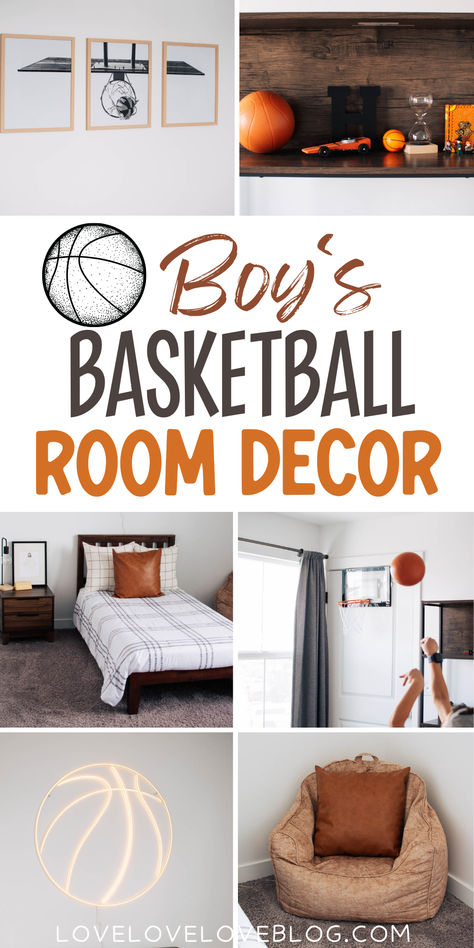 Photo collage with text overlay that reads "boy's basketball room decor." Sports Bedroom For Teenage Boys, Basketball Inspired Bedroom, Basketball Teen Room, Kids Basketball Room, Basketball Decor Bedroom, Pre Teen Boys Room Bedroom Ideas, Basketball Room Ideas For Boys, Basketball Bedroom Ideas, Basketball Room Ideas