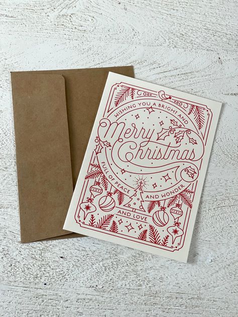 Minted Christmas Card Front: Wish you a bright and merry Christmas full of peace and wonder and love Inside: Happy Holidays Envelope Included Christmas Cards Typography, Christmas Card Simple Design, Cards Of Christmas Past, Christmas Card Digital Design, Christmas Ink Illustration, Happy New Years Cards, Diy Christmas Cards Aesthetic, Art Deco Christmas Cards, Christian Greeting Card Ideas