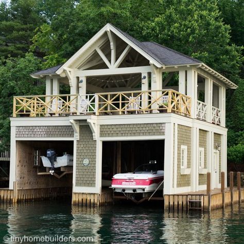 Boathouses to Inspire Your Tiny House Design - Tiny Home Builders Tiny Home Boat House, Boathouse Design Architecture, Boat House Plans Layout, Boat Houses And Docks, Boathouse Exterior, Boat House Ideas Lakes, Boat House Ideas, Boat Dock Ideas, Lake Boat House